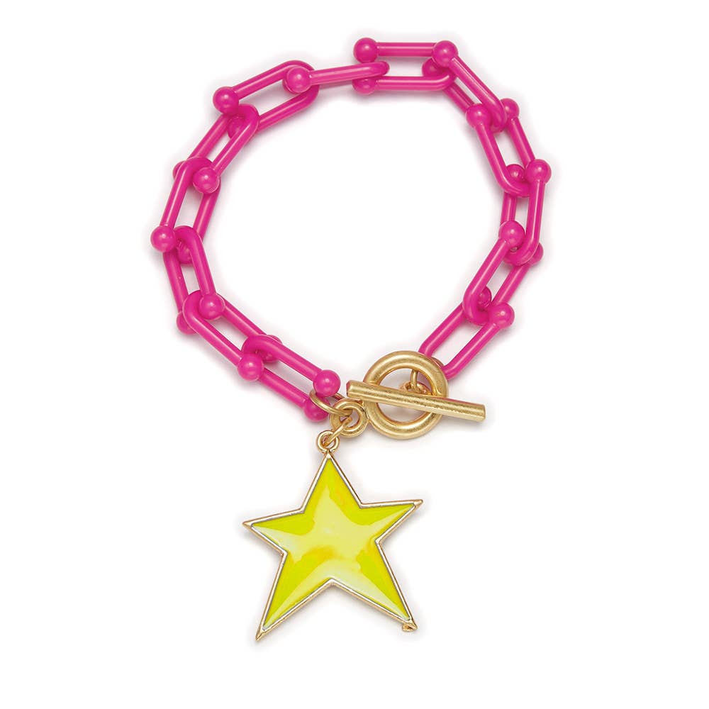 Yellow Star Charm with Hot Pink Link Chain Bracelet