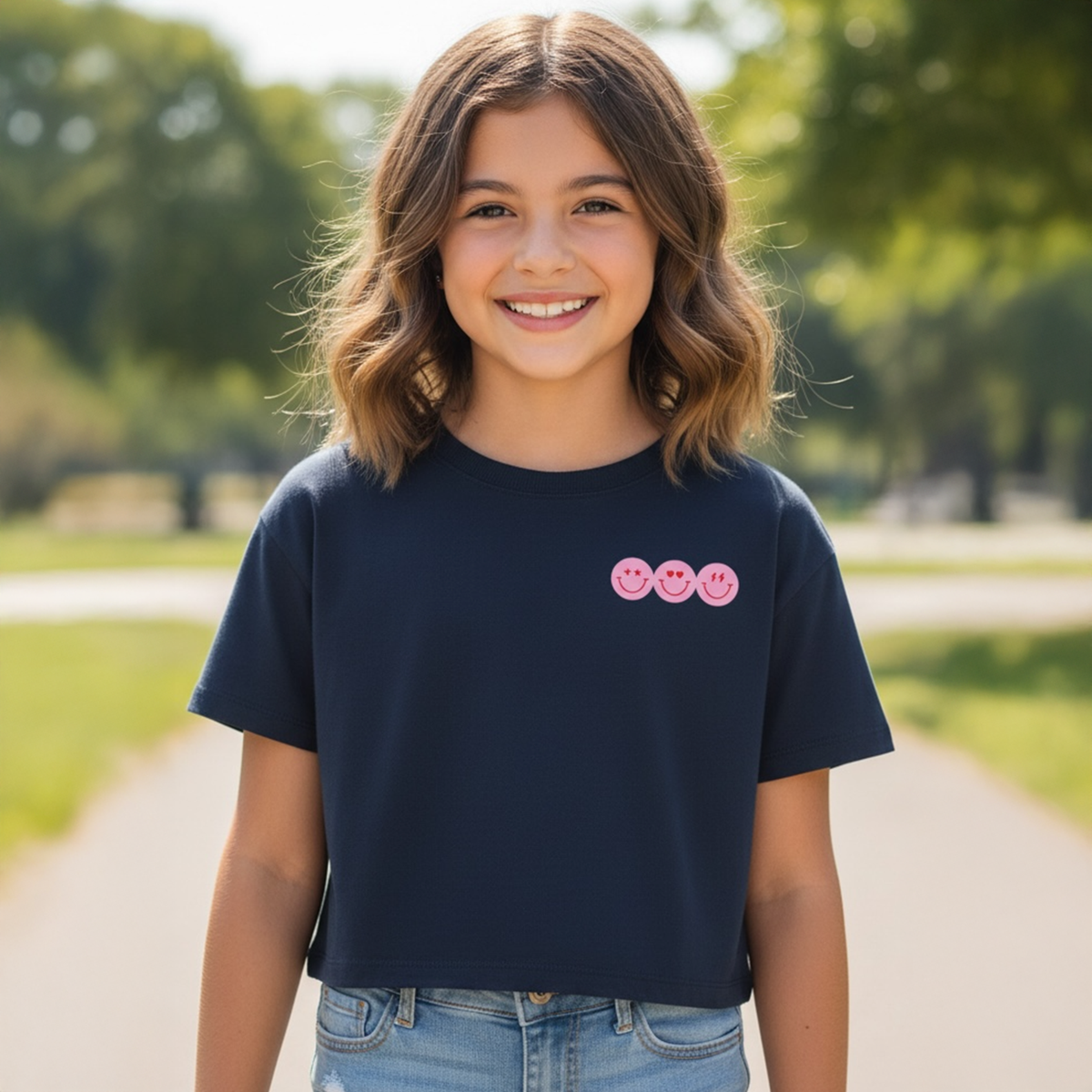Embroidered Smiley Faces Boxy Tee