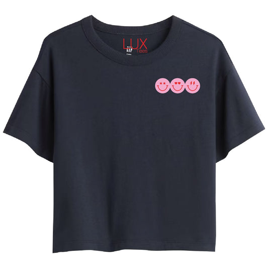 Embroidered Smiley Faces Boxy Tee