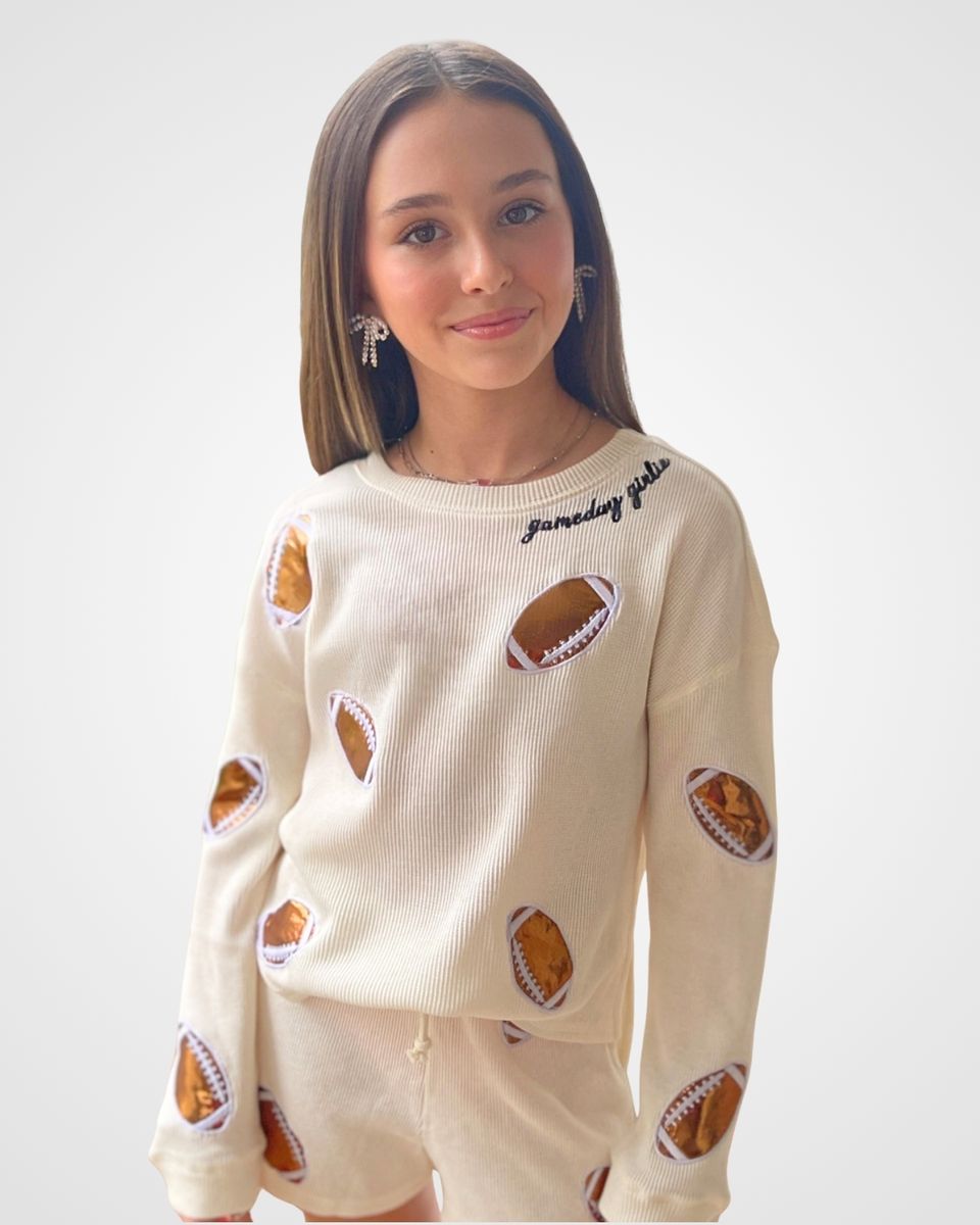 Football Applique Waffle Long Sleeve Top