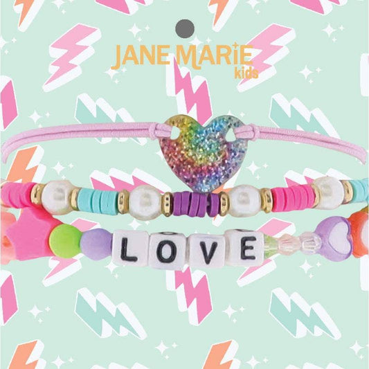 Beaded "Love" with Glittery Heart Bracelet Set