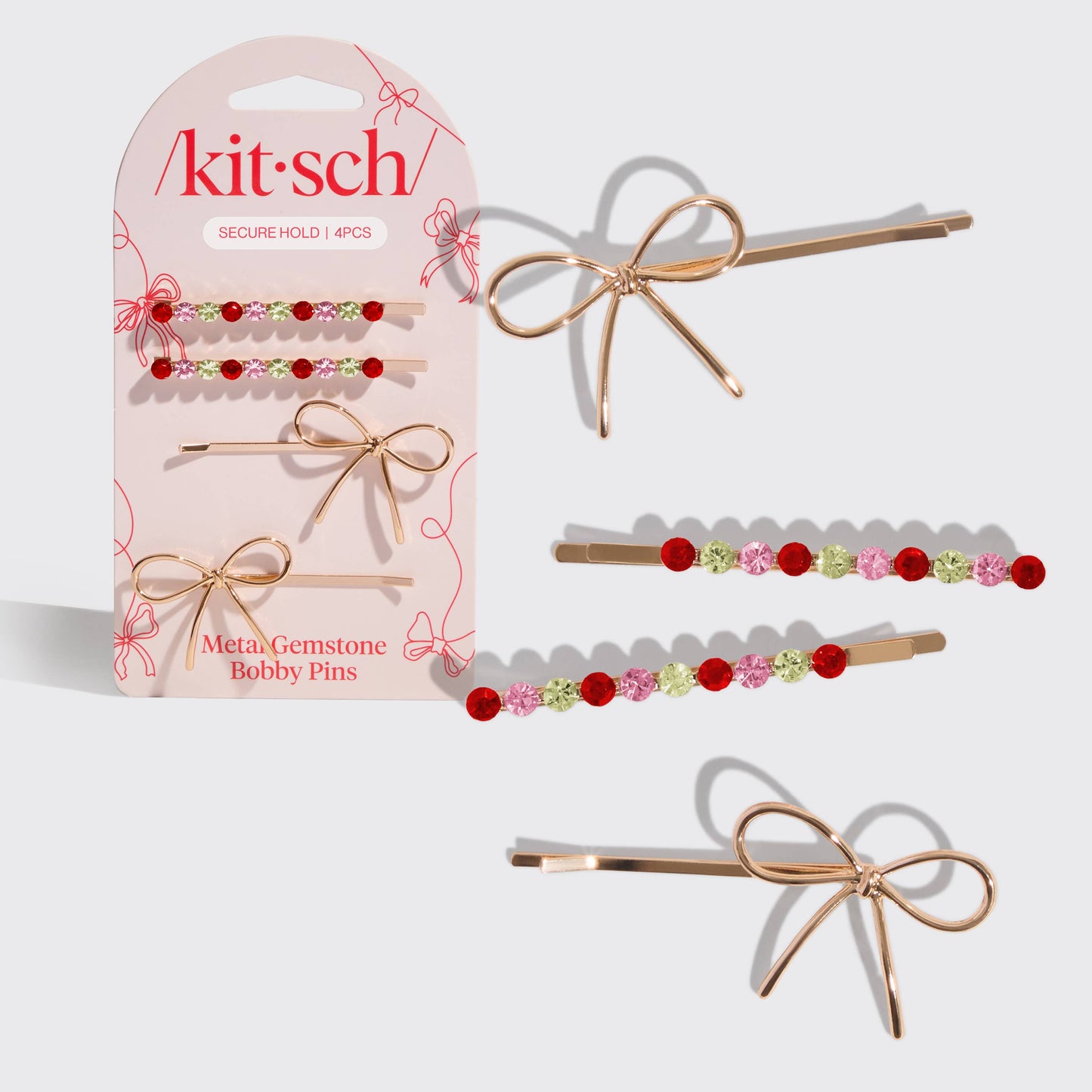 Holiday Gemstone and Bow Bobby Pin Set